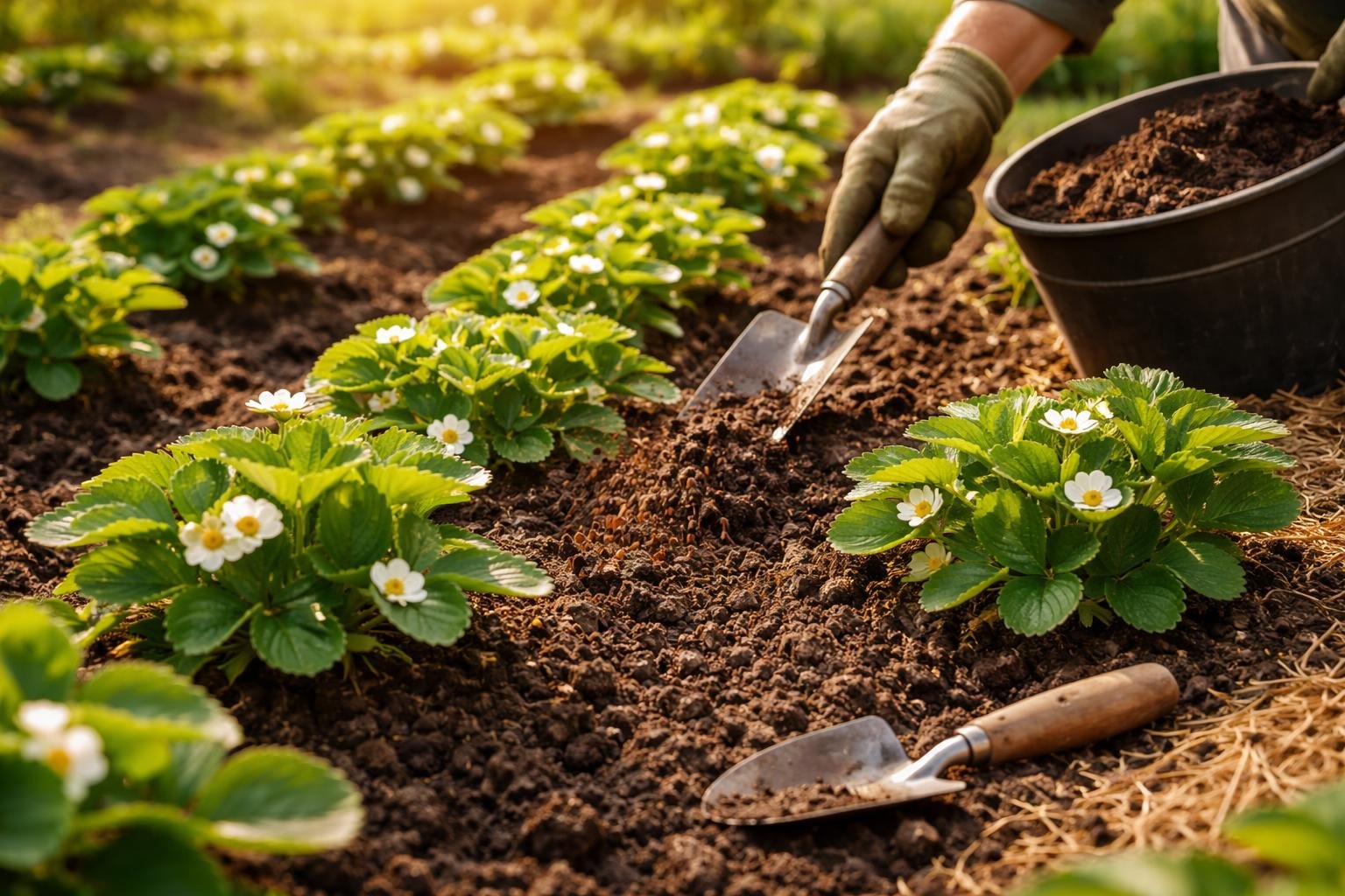 - Tavaszi szamócagondozás alapkellékei: talajelőkészítés, tápanyag, védelem a bőséges nyári termésért.