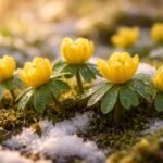 Téltemető virág erősen fényes sárga virága a hó alól kibukkanó kertben