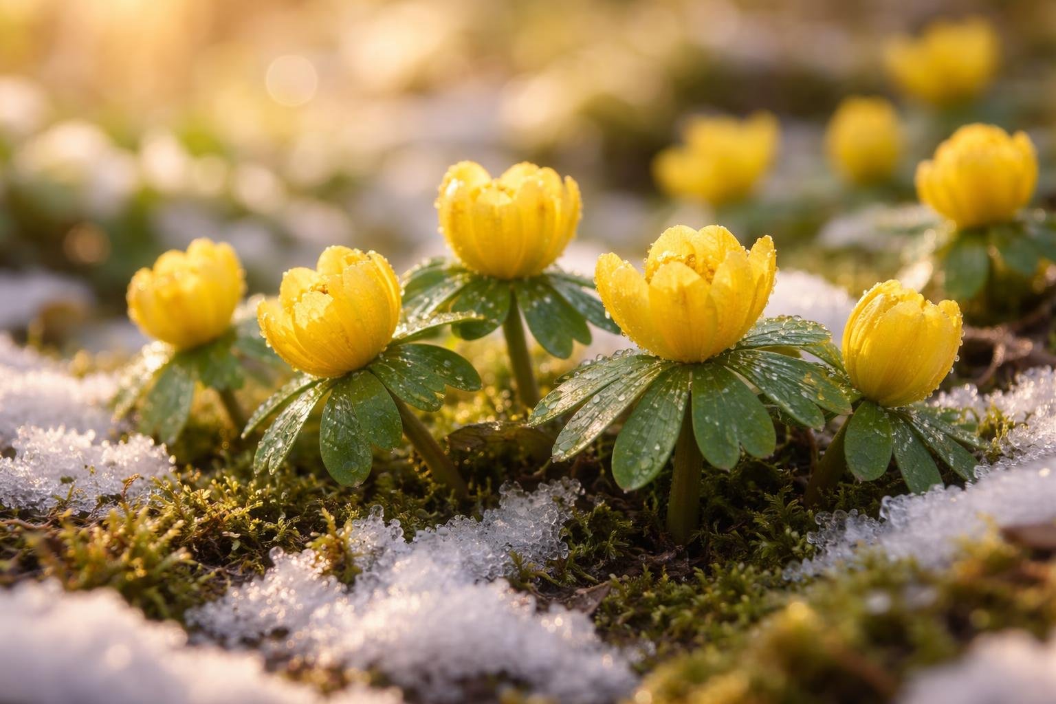 Téltemető virág erősen fényes sárga virága a hó alól kibukkanó kertben
