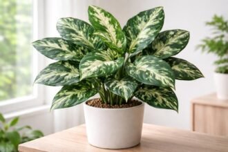 Meghatározó terepmintás rákvirág leveleinek részletes mintázata fehérrel, zölddel és árnyalatokkal.