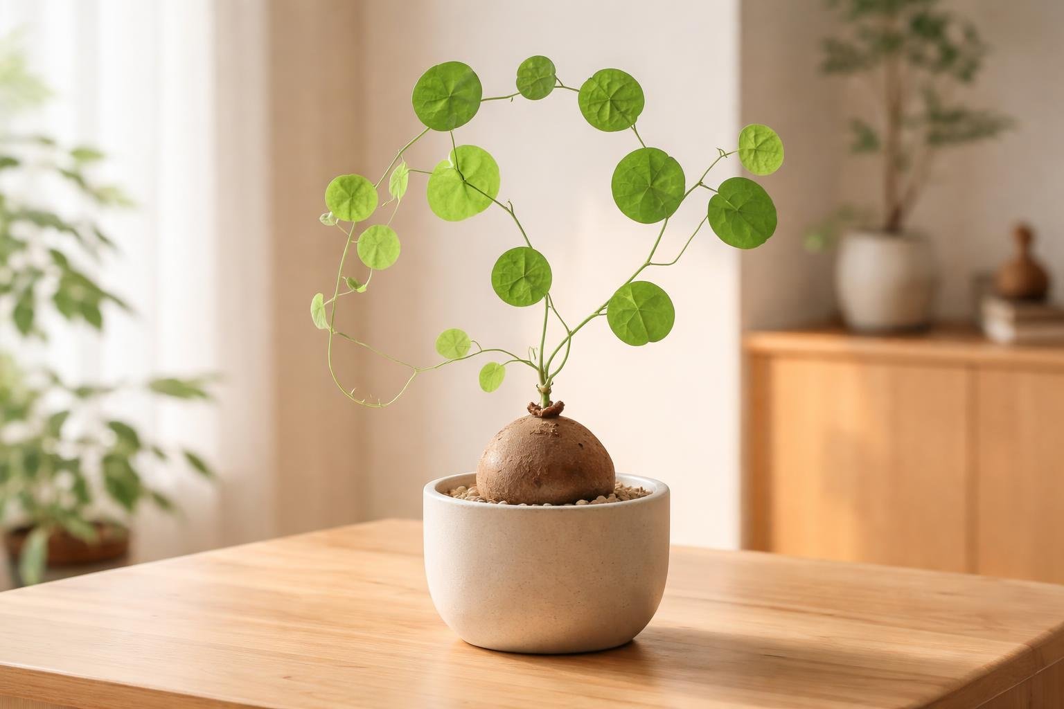 Kerek gumó és hosszú hajtások, zöld levelekkel táncoló Stephania erecta