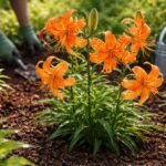 - Tigrisliliom Lilium lancifolium narancsárga virágokkal és fekete pettyekkel látható, feltűnő kertdekoráció.