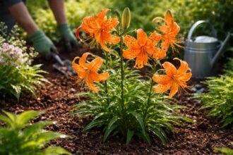 - Tigrisliliom Lilium lancifolium narancsárga virágokkal és fekete pettyekkel látható, feltűnő kertdekoráció.