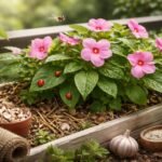 Törpe nebáncsvirág virágzó, árnyékos balkonláda sötét hátterű közepe, egészséges zöld levelek.