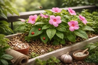 Törpe nebáncsvirág virágzó, árnyékos balkonláda sötét hátterű közepe, egészséges zöld levelek.