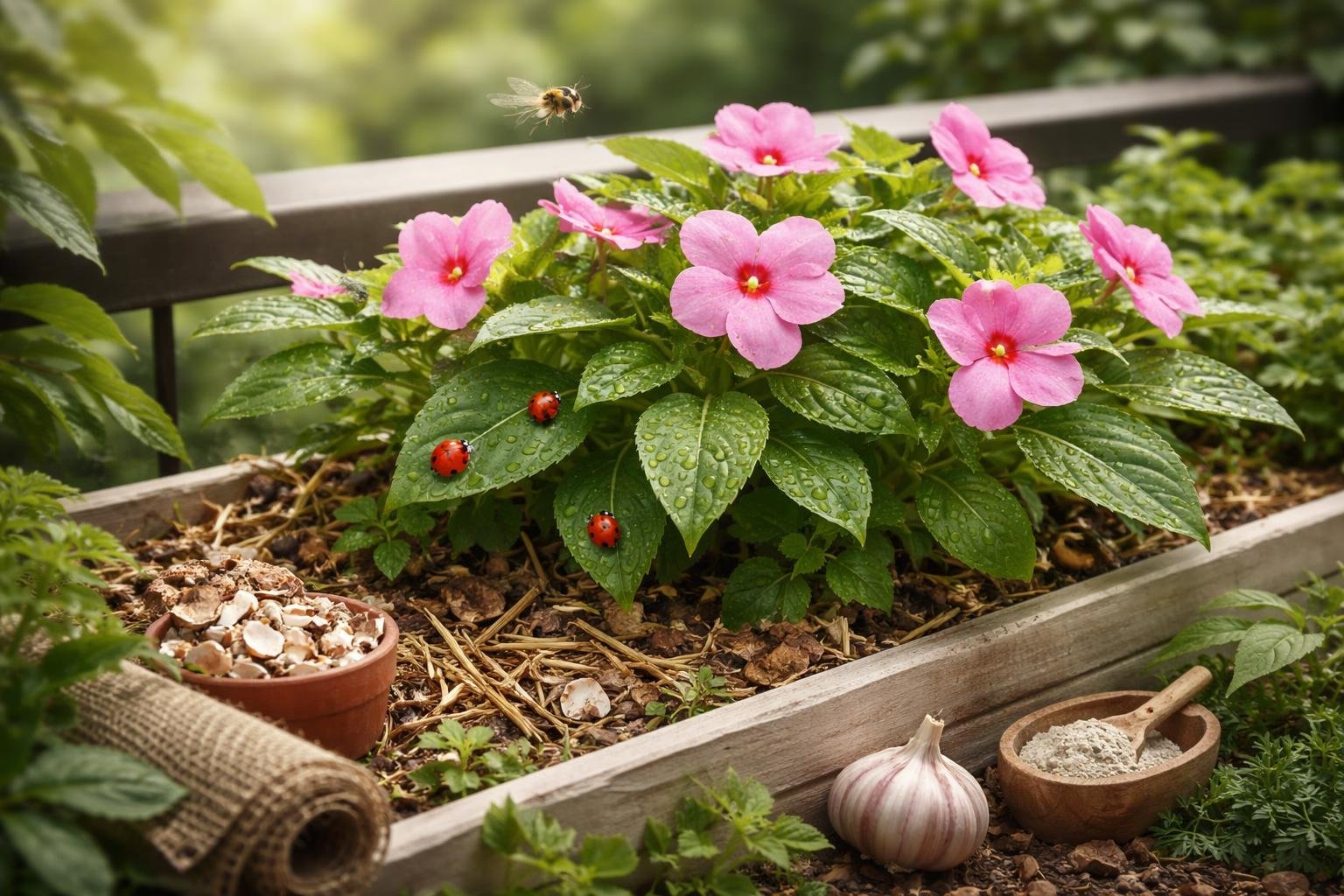 Törpe nebáncsvirág virágzó, árnyékos balkonláda sötét hátterű közepe, egészséges zöld levelek.