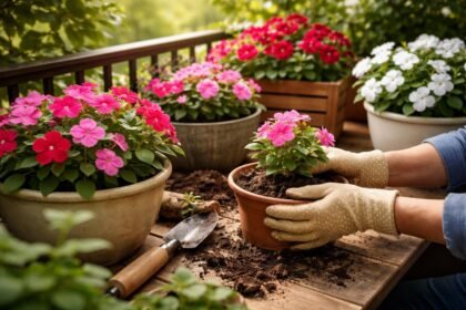 • Törpe nebáncsvirág árnyékban is virágzik, hosszú nyári dísz az erkélyen.