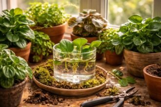 Törpebors Peperomia beltéri növény kompakt méretű, fényes zöld levelekkel a polcon