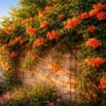 Trombitafolyondár virágzó növény napfényben, élénk narancs vagy piros virágokkal a díszkertrészben, ideális.