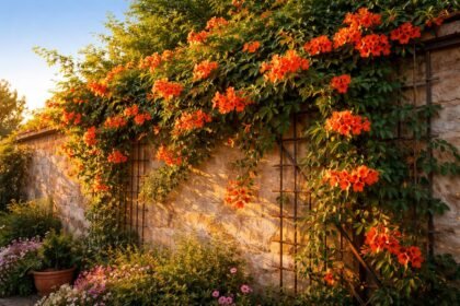 Trombitafolyondár virágzó növény napfényben, élénk narancs vagy piros virágokkal a díszkertrészben, ideális.