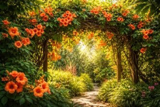 - Trombitafolyondár gyorsan terjedő futónövény lugason, buja lomb és trombita virágokkal.