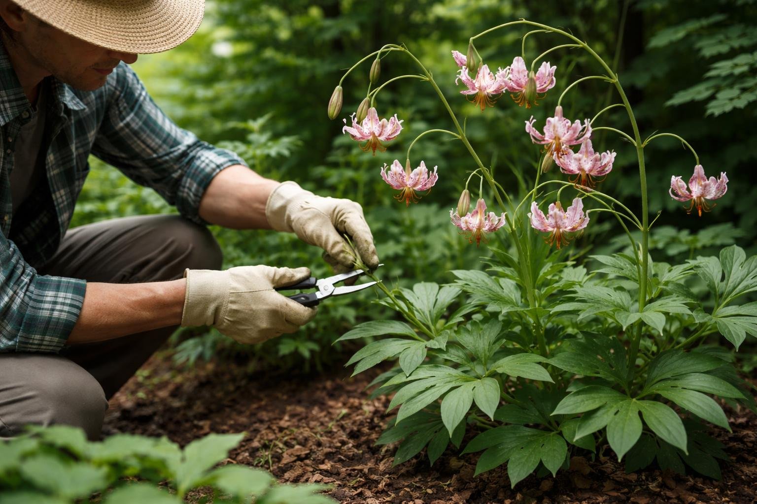 - Turbanliliom metszése: rendszeres visszavágás támogatja a hosszú virágzást, megvédi a növényt a betegségektől.