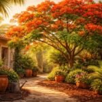 - Tűzvirágfa Delonix regia: feltűnő virágzás, lombja árnyékot ad a terasznak