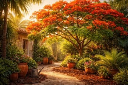 - Tűzvirágfa Delonix regia: feltűnő virágzás, lombja árnyékot ad a terasznak