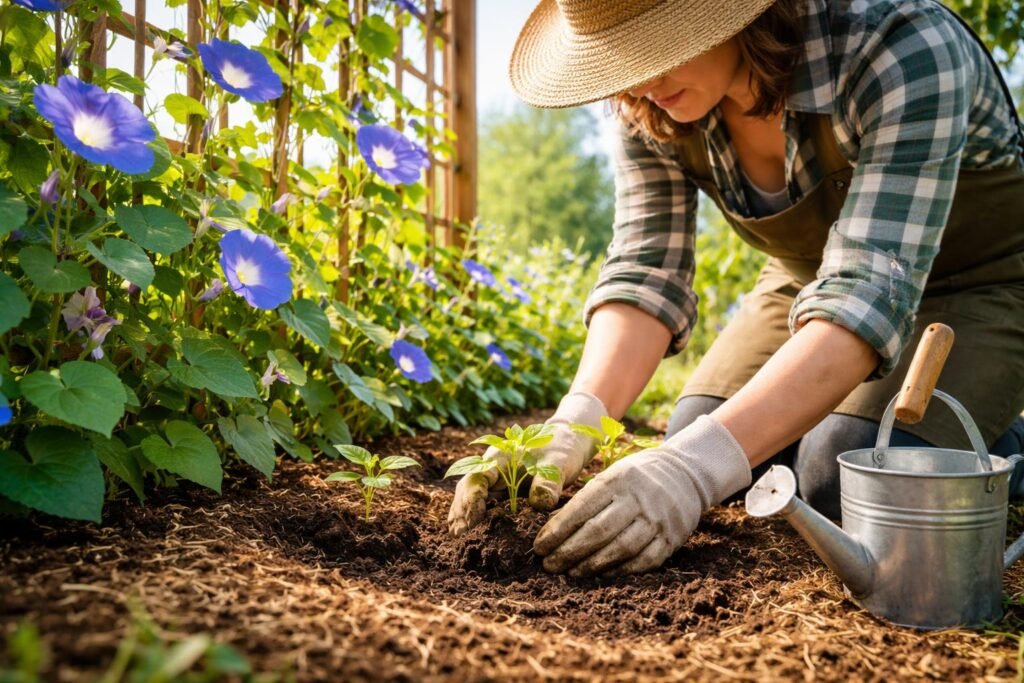 - Ipomea tricolor (Hajnalka) gyorsan futó növény, teljes napfényt és jó vízelvezetést igényel.