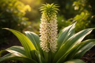 Üstökliliom Eucomis virágzó, egzotikus megjelenésű növény, mérsékelt égövi kertben jól alkalmazkodik.