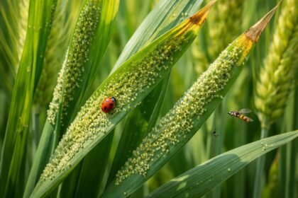 Zablevéltetű inváziója a zab levelein, vírusok terjesztése és védekezési stratégiák.