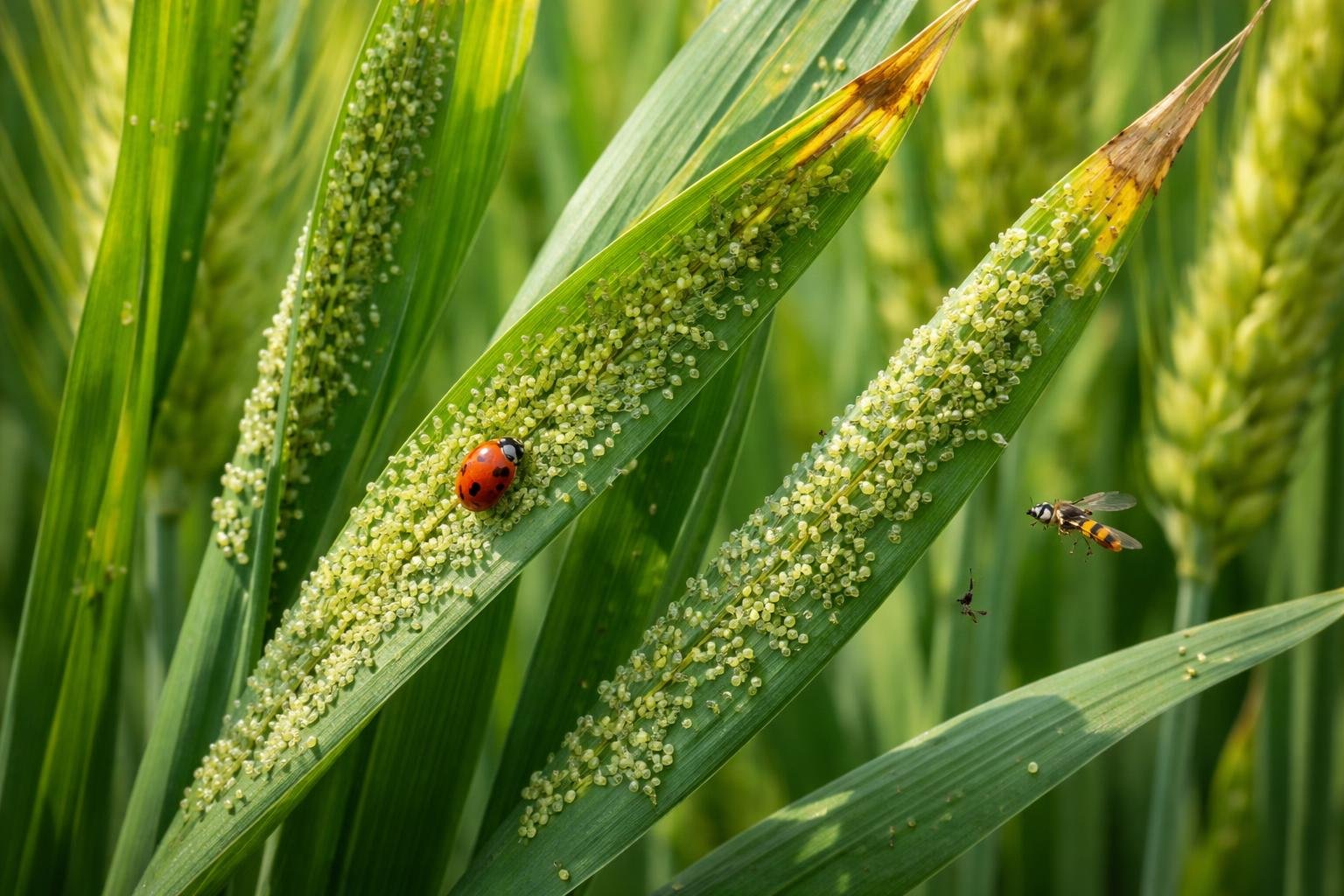Zablevéltetű inváziója a zab levelein, vírusok terjesztése és védekezési stratégiák.