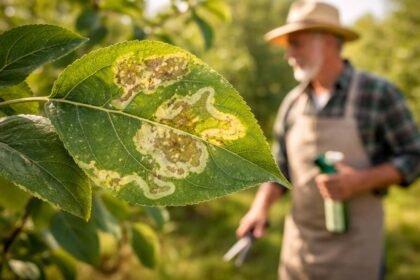 Almalevél aknázómoly okozta levelek sárgulása és apró barázdált mintázat a lombon.