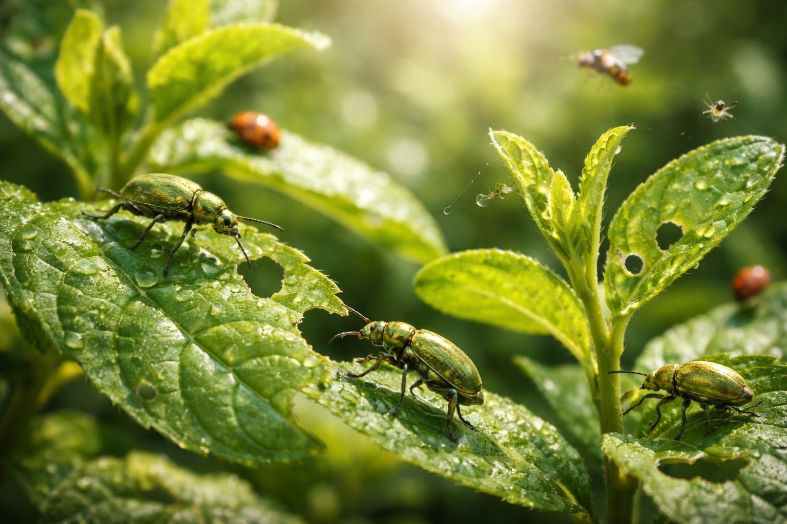 - Aranyos eszelény apró zöld bogár, mégis jelentős levélkárosító kártevő dísznövényeken, gyümölcsfákon és bokrokon.