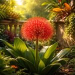 Vörös gömbvirágú Vérvirág (Scadoxus multiflorus) virágzat a kertben és erkélyen megragadó vizuális hatással