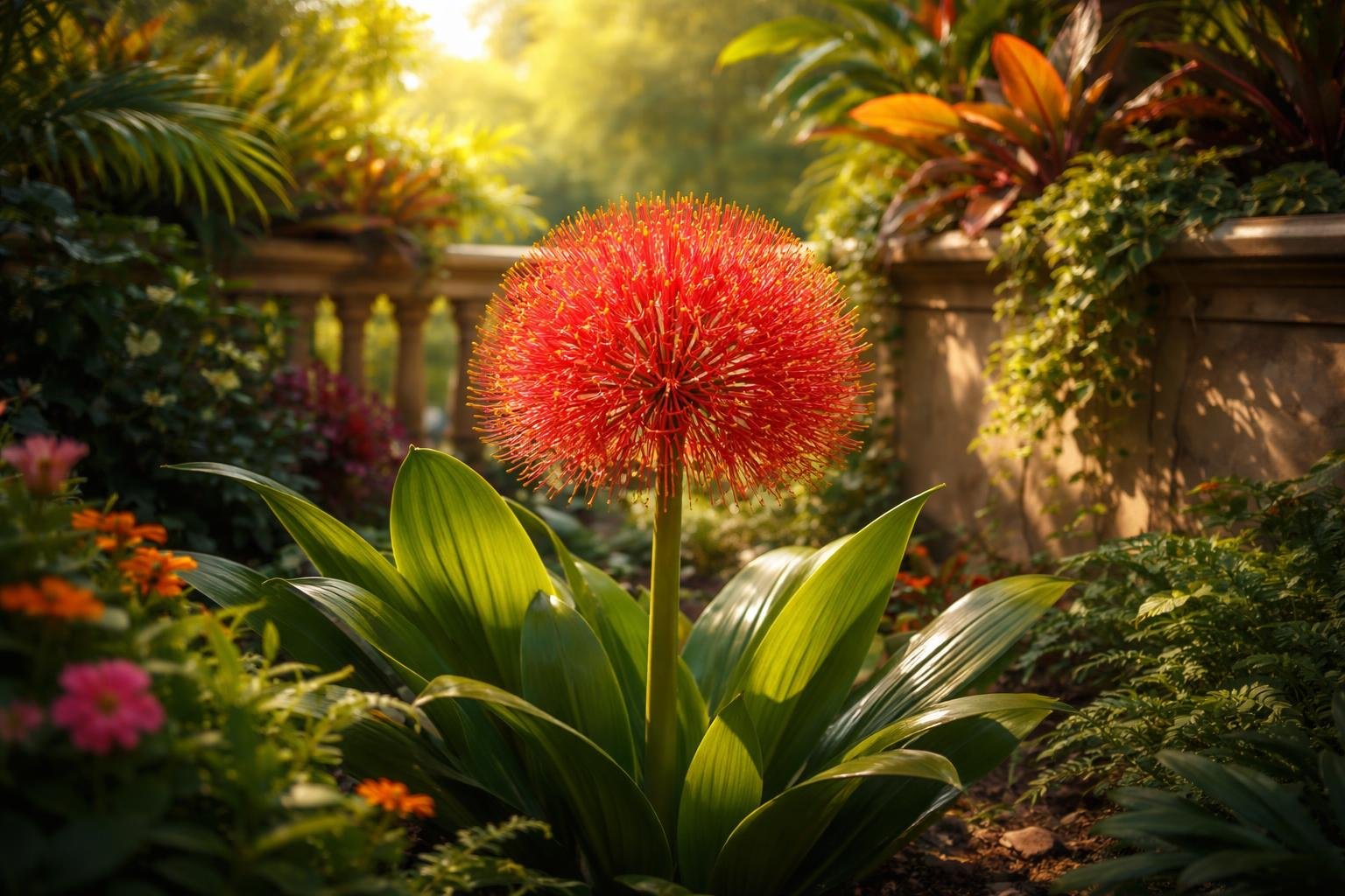 Vörös gömbvirágú Vérvirág (Scadoxus multiflorus) virágzat a kertben és erkélyen megragadó vizuális hatással