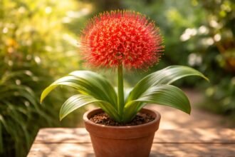 Vérvirág (Scadoxus multiflorus) gömb alakú virágzatú növény piros dísznövény cserépben lenyűgöző