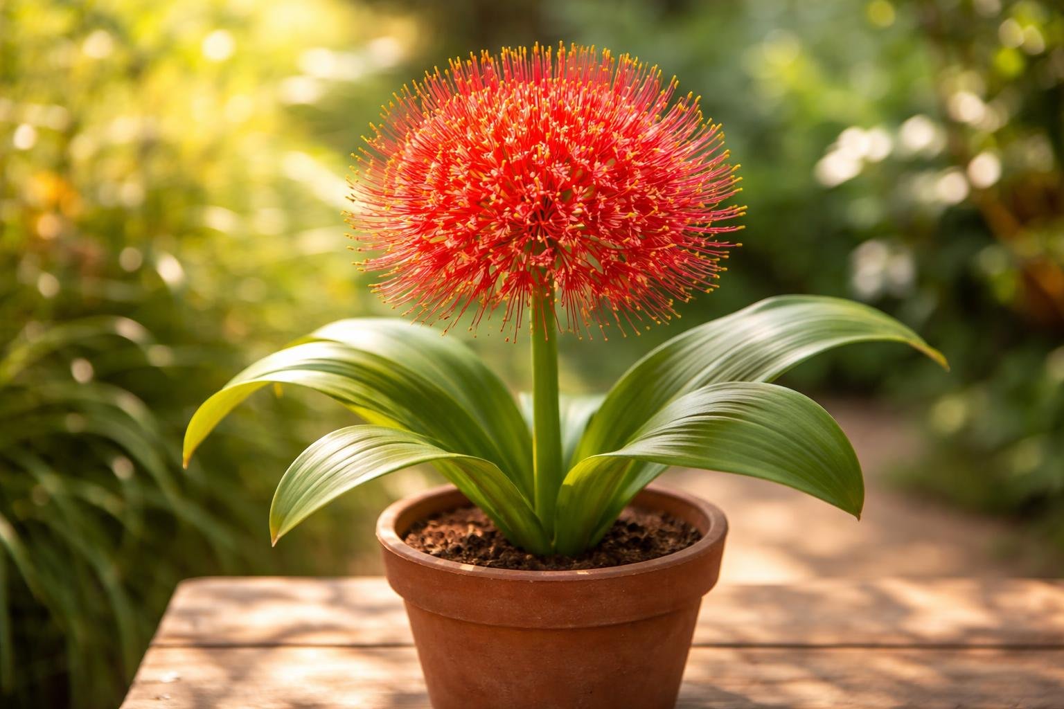 Vérvirág (Scadoxus multiflorus) gömb alakú virágzatú növény piros dísznövény cserépben lenyűgöző