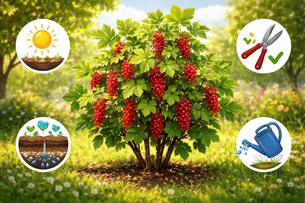 - Vérvörös ribiszke ültetése és igényei bemutató fotó, részletesen és gondosan komponált.