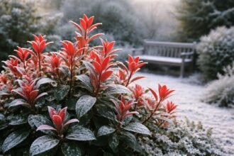 - Vietnami korallberkenye téli fotója, piros hajtásokkal és fagyos kerttel a dézsás példányokon