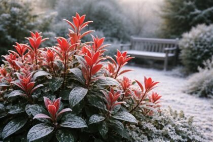 - Vietnami korallberkenye téli fotója, piros hajtásokkal és fagyos kerttel a dézsás példányokon