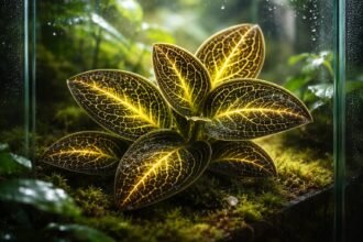 - Villám orchidea Macodes petola levelei sötétzöldek, arany erezetesek, ragyognak a fényben.