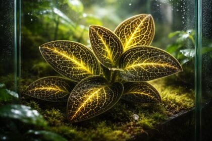 - Villám orchidea Macodes petola levelei sötétzöldek, arany erezetesek, ragyognak a fényben.