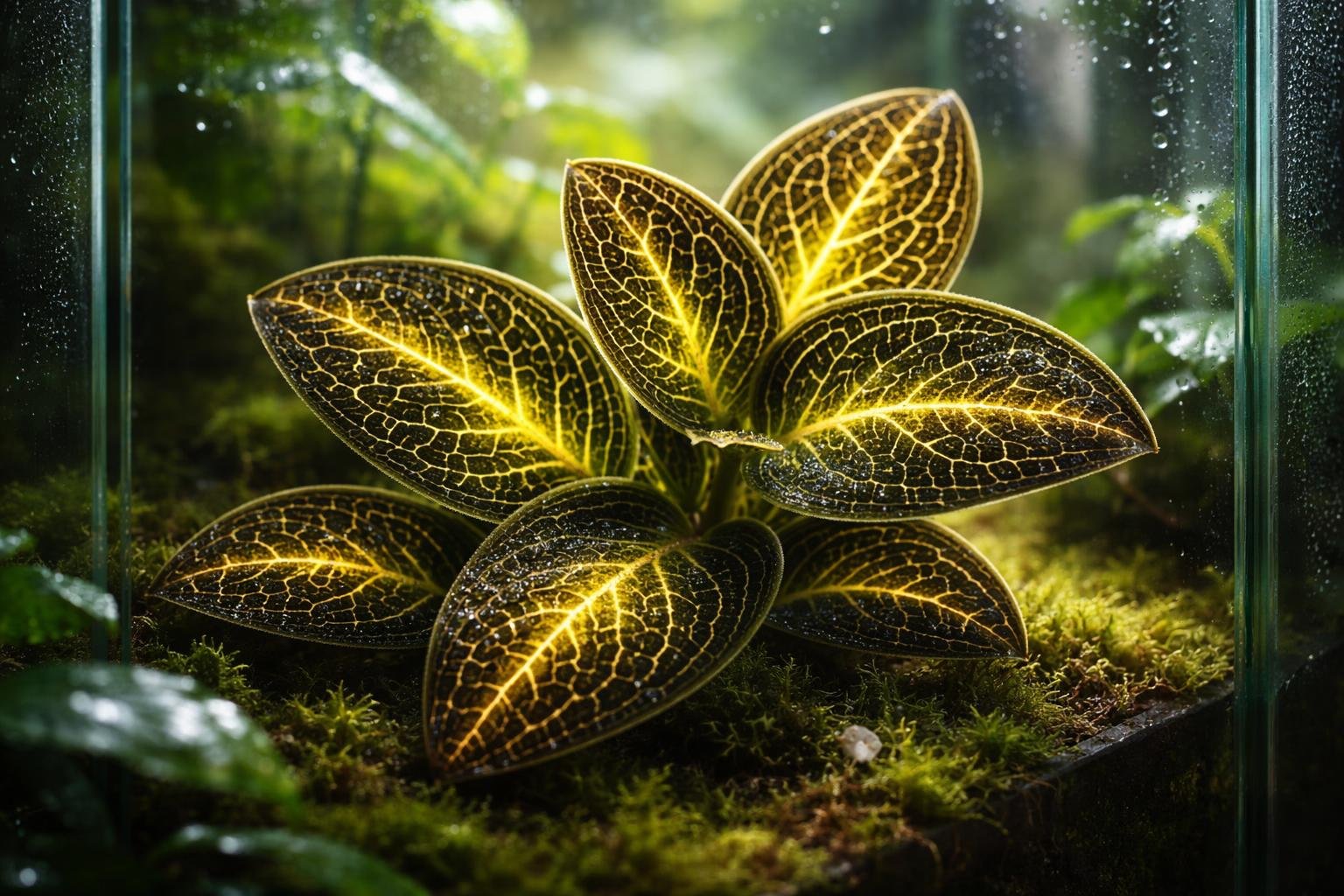 - Villám orchidea Macodes petola levelei sötétzöldek, arany erezetesek, ragyognak a fényben.