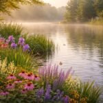 Tóparti kertekben virágzó növények, lágy ligetek, víztükör és párás levegő