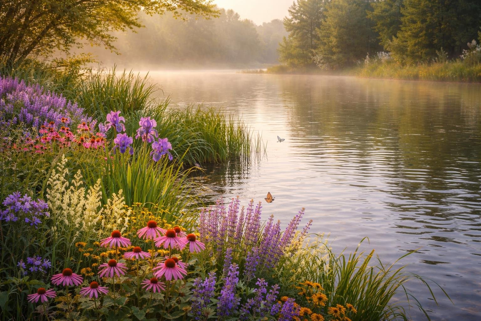 Tóparti kertekben virágzó növények, lágy ligetek, víztükör és párás levegő