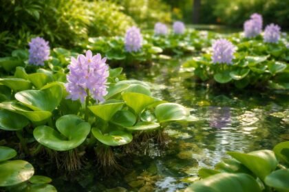 Gyakran úszó vízijácint levélzet és lila virágok egy tó felszínén