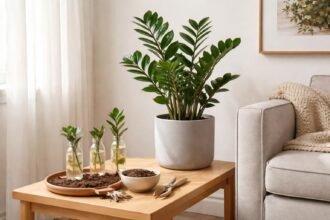 Zamioculcas zamiifolia szobanövény alacsony fényben is dús, fényes lombot ad.