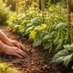 Zöldbab vetése a házikertben, különböző fajták és gondozási tippek láthatók.