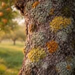 Zuzmó a gyümölcsfa kérgén szürkés-zöld folttal, közelről látható részletek és színek.