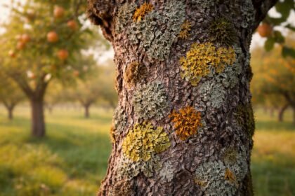 Zuzmó a gyümölcsfa kérgén szürkés-zöld folttal, közelről látható részletek és színek.