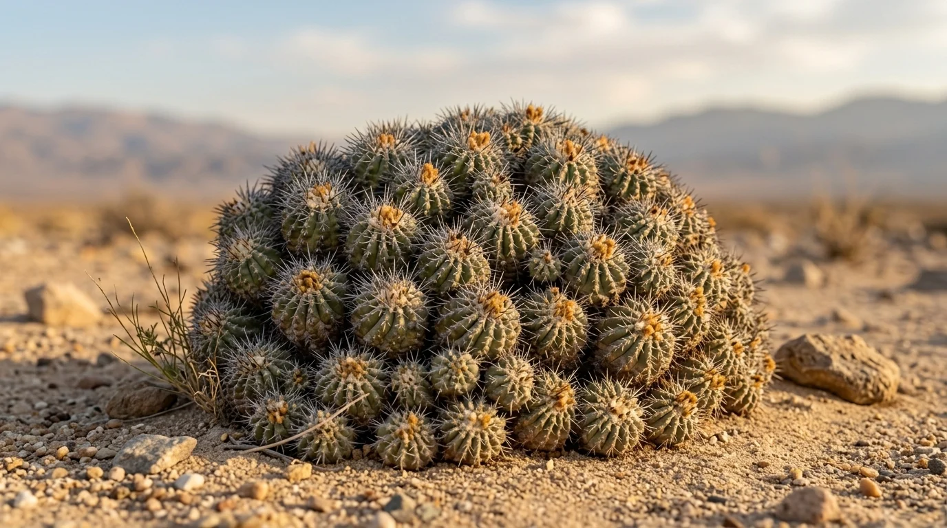 Coquimbói kúpkaktusz (Copiapoa coquimbana) napfényes sivatagi környezetben, lassú növekedéssel, masszív formával.