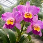 Ajakos bugakosbor (Cattleya labiata) nagy virágú orchidea fényes levélzetben, otthoni gondozásra utaló jellemzőkkel.