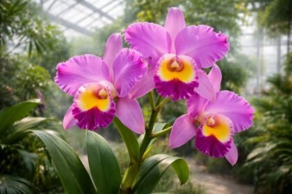 Ajakos bugakosbor (Cattleya labiata) nagy virágú orchidea fényes levélzetben, otthoni gondozásra utaló jellemzőkkel.