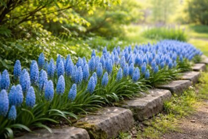 Azúr gyöngyike kék virágai lombhullató fák árnyékában, gondos ültetést idéző jelenet.