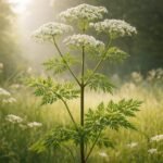 Foltos bürök virágzó növénykép, mérgező növény, természet közeli környezetben figyelmeztető jelenet.