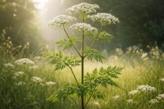 Foltos bürök virágzó növénykép, mérgező növény, természet közeli környezetben figyelmeztető jelenet.