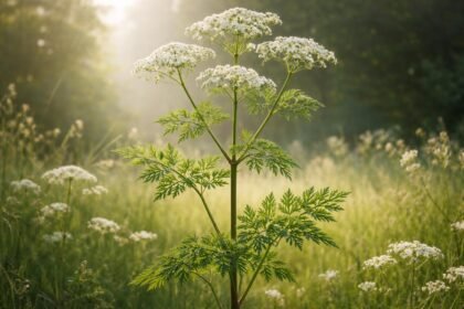 Foltos bürök virágzó növénykép, mérgező növény, természet közeli környezetben figyelmeztető jelenet.