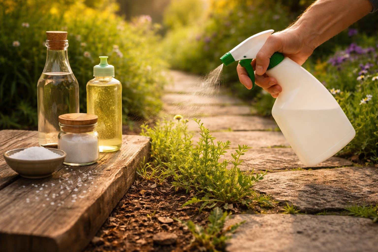 Kert ösvényének szegélyén felbukkanó gyomok, a kézben kutatott házi megoldások fényében.
