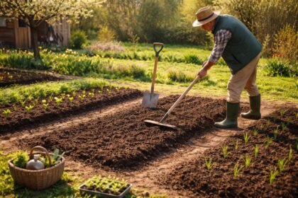 Áprilisi kertben dolgozó ember, friss talaj, rügyek és virágzó növények.